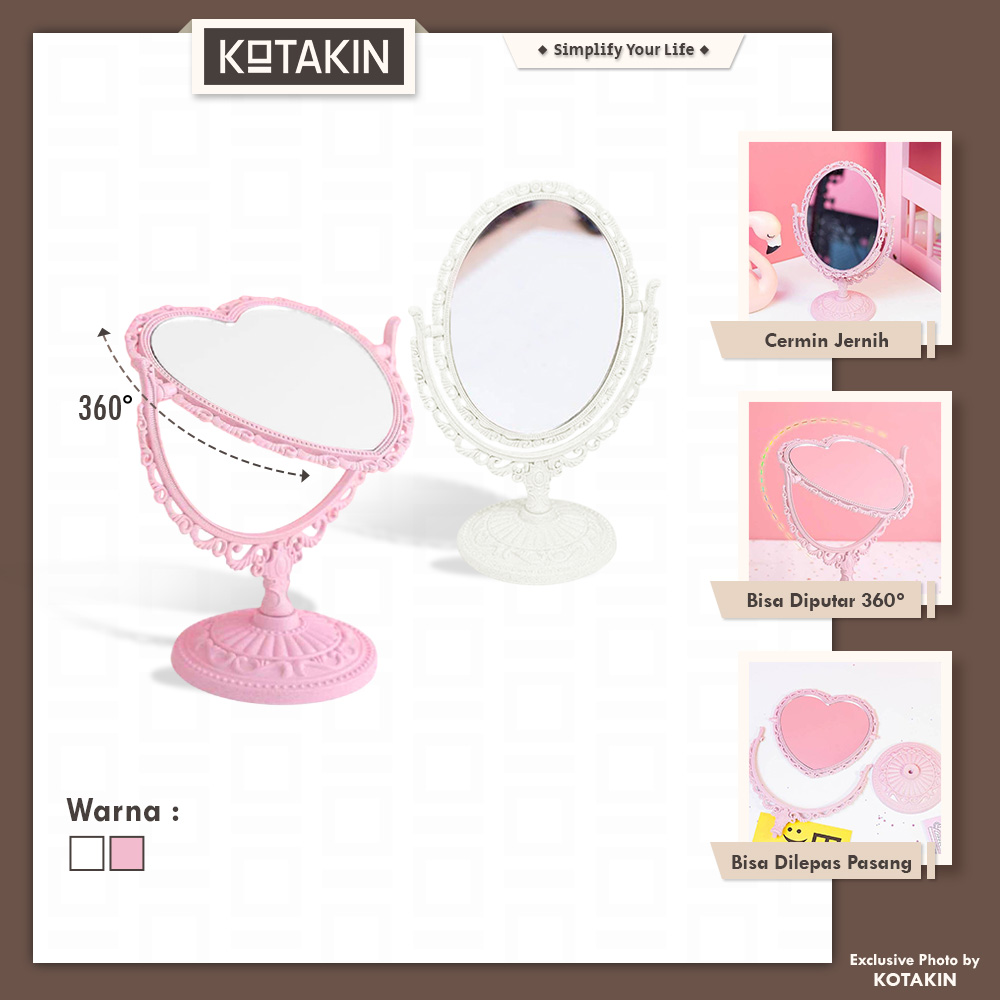 Cermin Rias Dua Sisi Putar 360 Oval Love