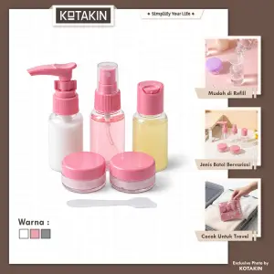 KOTAKIN Botol Travel Set Transparan Isi 5 pcs Wadah Skincare Botol Spray Dengan Pouch Ziplock